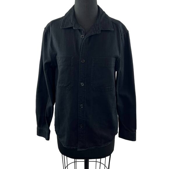 H&M Black S Shirt Cotton Button-Up Long Sleeve Pork Chop Pockets Regular Fit - Picture 1 of 8